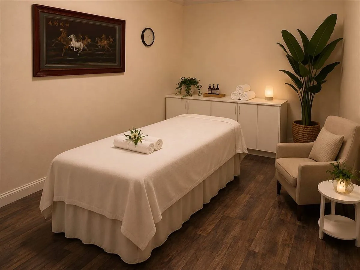 Comfortable massage room with soft lighting at Long Term Health Club Massage in Fresno CA
